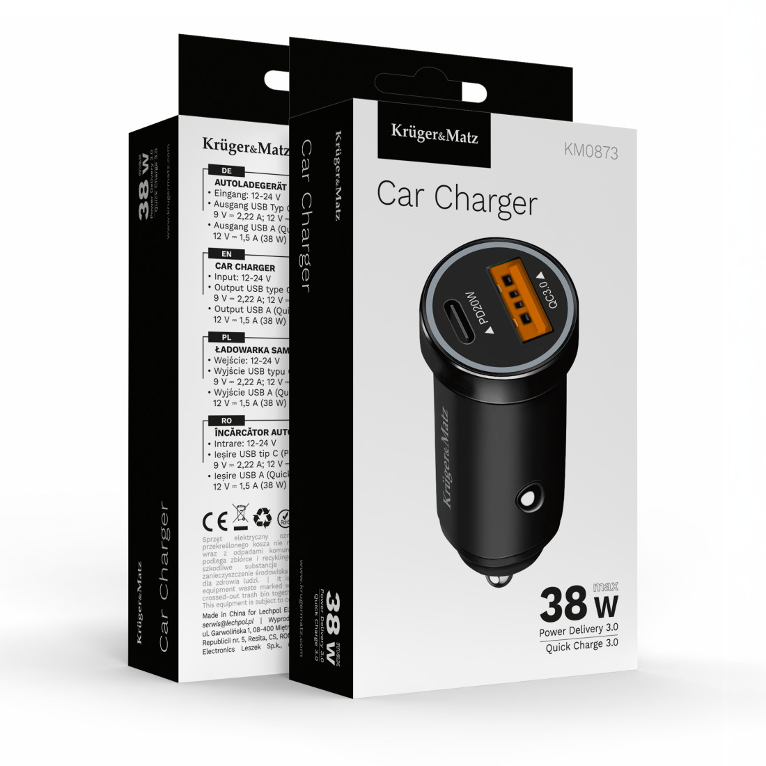 INCARCATOR AUTO USB-A / TYPE C QC PD 38W KRUGER&MATZ