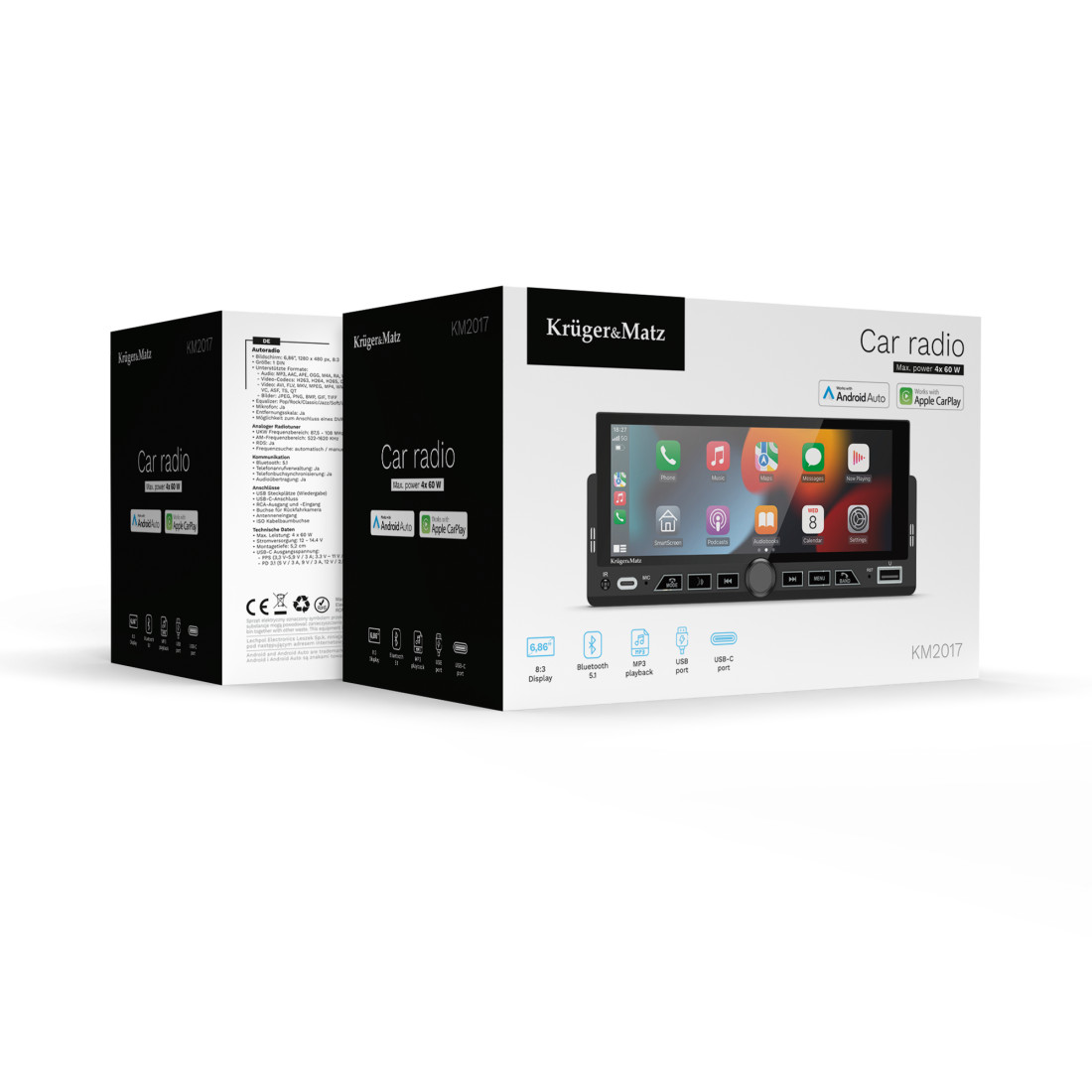 PLAYER AUTO 1 DIN 4X60W CARPLAY ANDROIDAUTO KRUGER&MATZ