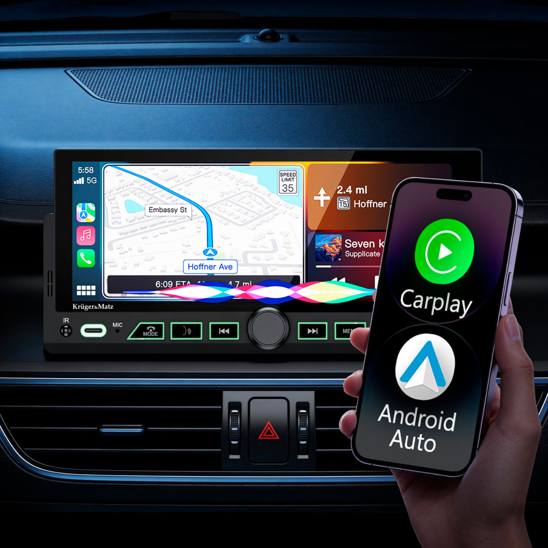 PLAYER AUTO 1 DIN 4X60W CARPLAY ANDROIDAUTO KRUGER&MATZ